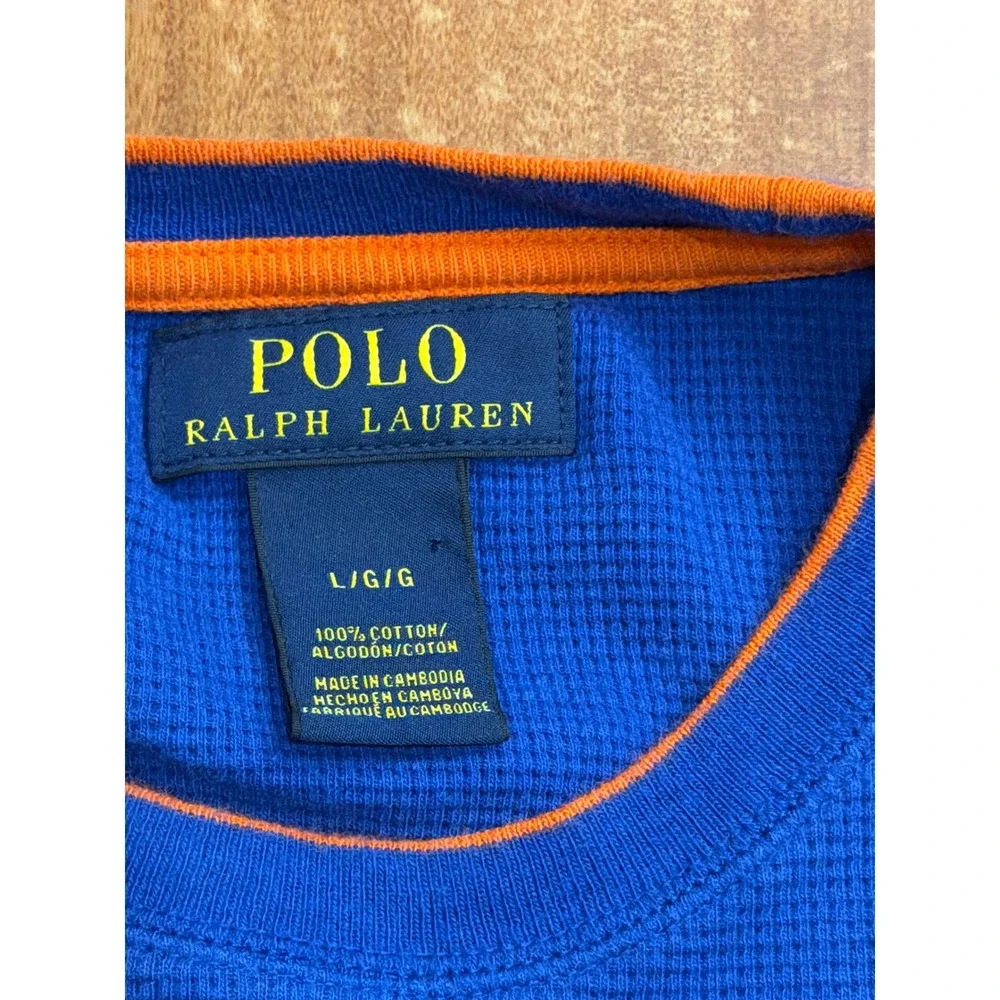 Polo Ralph‎ Lauren Thermal Shirt Mens Blue Orange Waffle Knit Long Sleeve Large